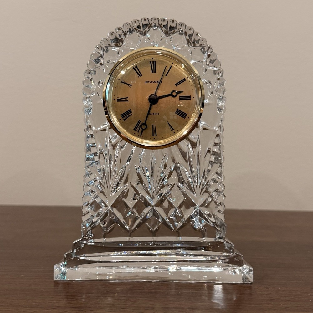 Staiger Germany Crystal Glass Mantel Clock Quartz Gold Roman Numeral Vintage